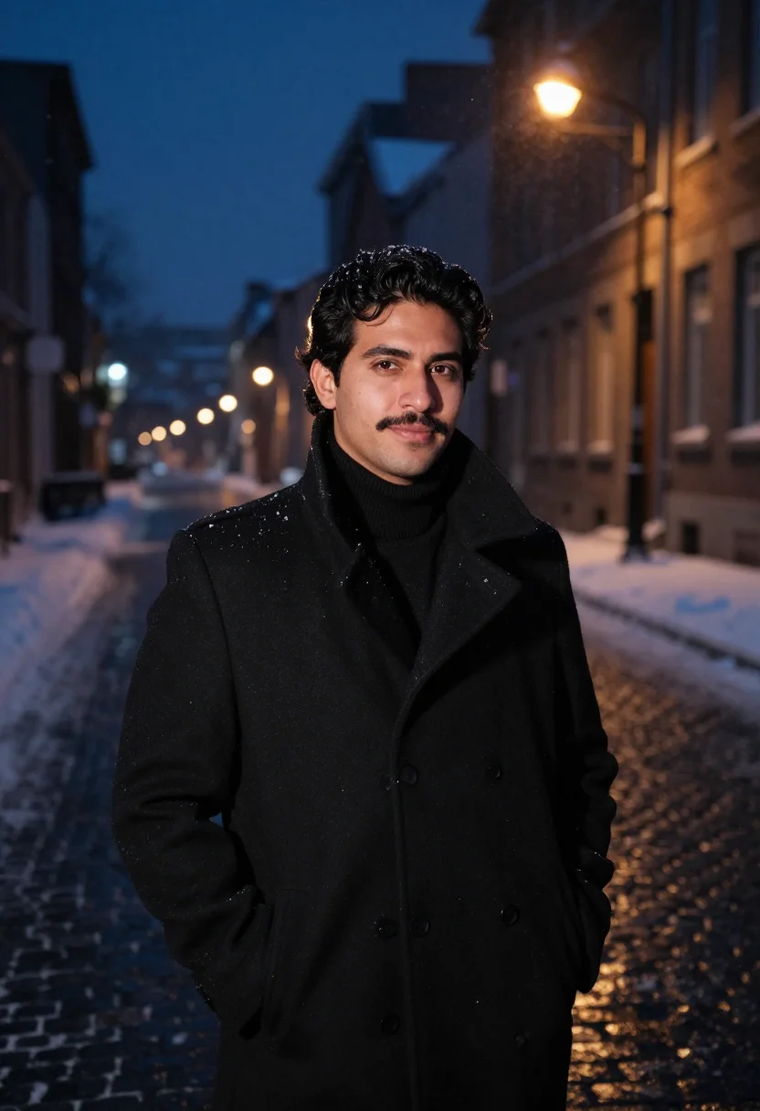 AI montreal noir sample — portrait of a man, framed chest-up, a Latin-American man in