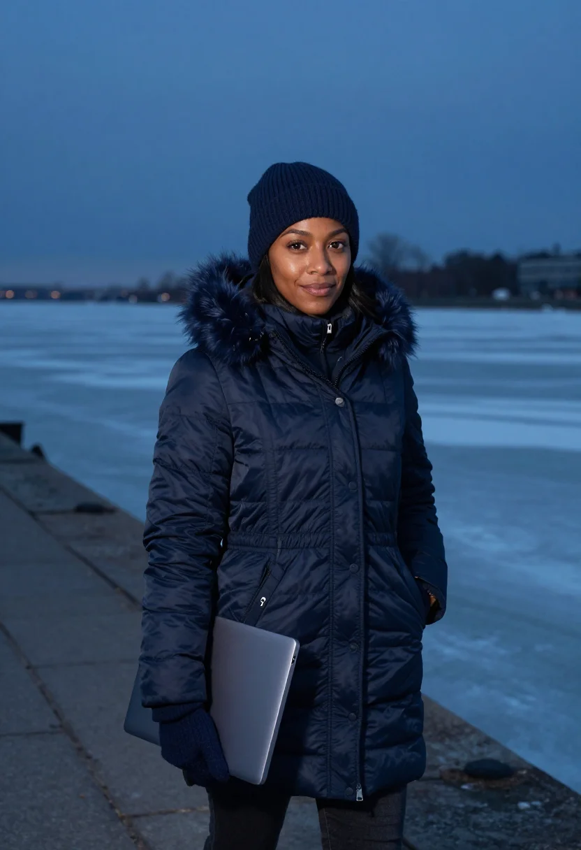 AI montreal old port ml engineer navy sample — portrait of a woman, a machine-learning engineer, a Haitian-