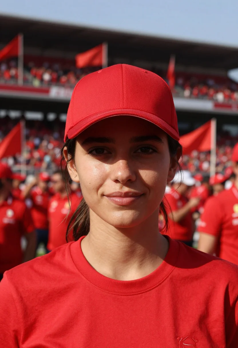 AI monza autodromo tifosi rosso corsa sample — portrait of a woman, a racing fan in her late twenties with