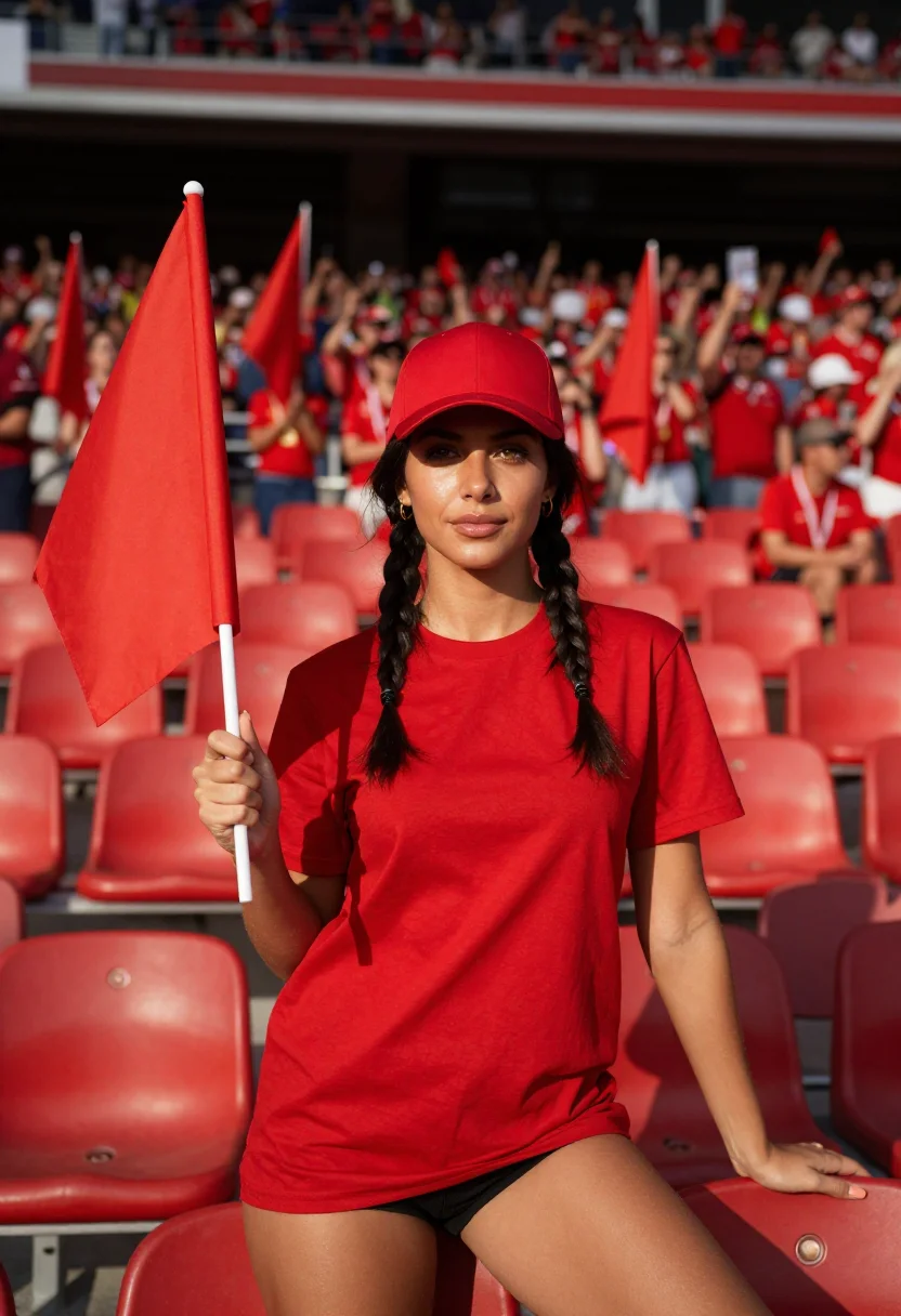 AI monza autodromo tifosi rosso corsa sample — portrait of a woman, a racing fan in her early twenties with