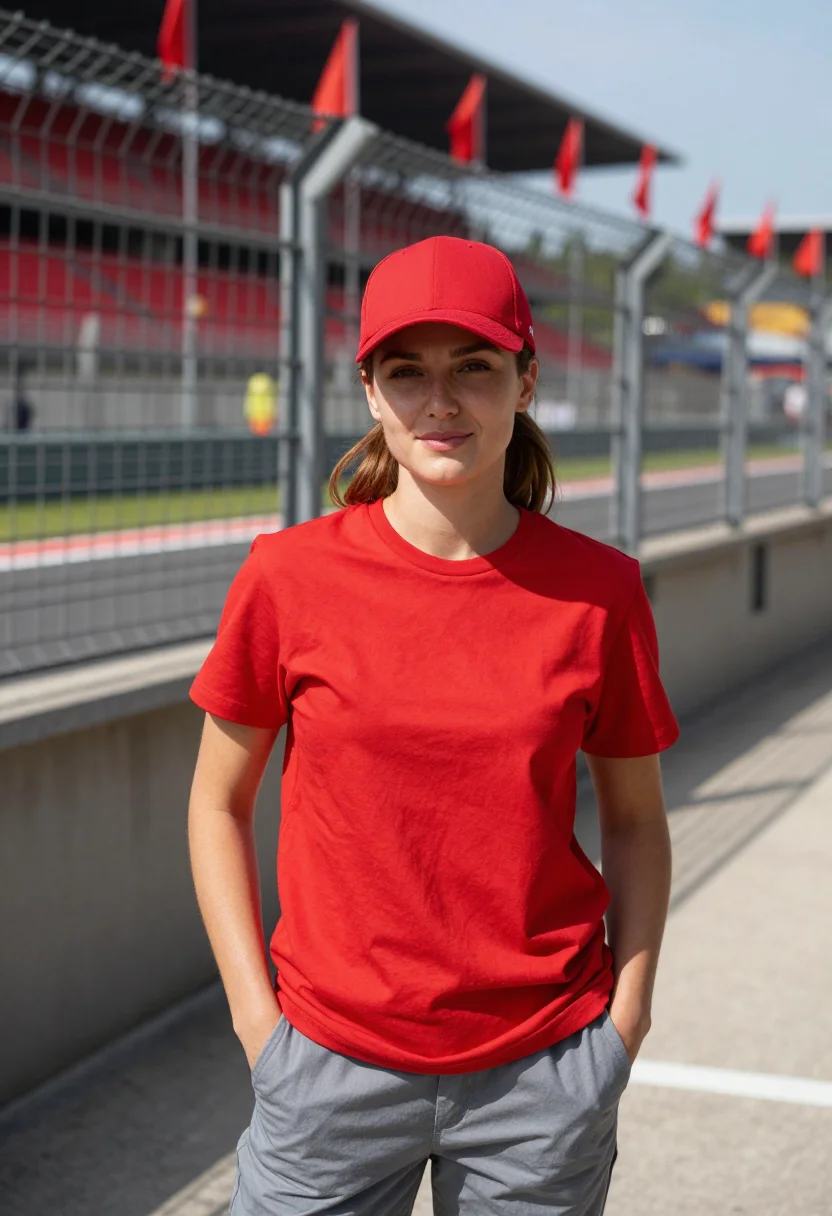 AI monza autodromo tifosi rosso corsa sample — portrait of a woman, a racing fan in her late twenties with