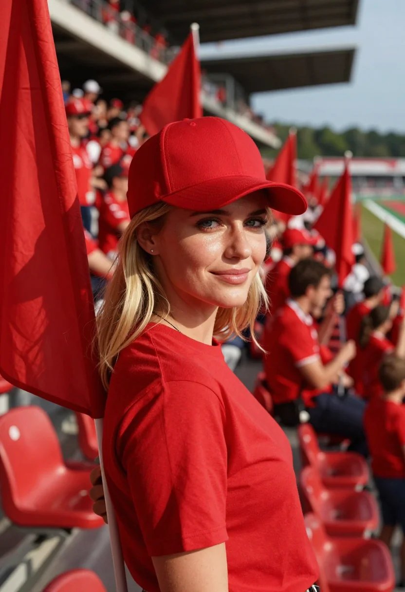 AI monza autodromo tifosi rosso corsa sample — portrait of a woman, a racing fan in her early thirties with