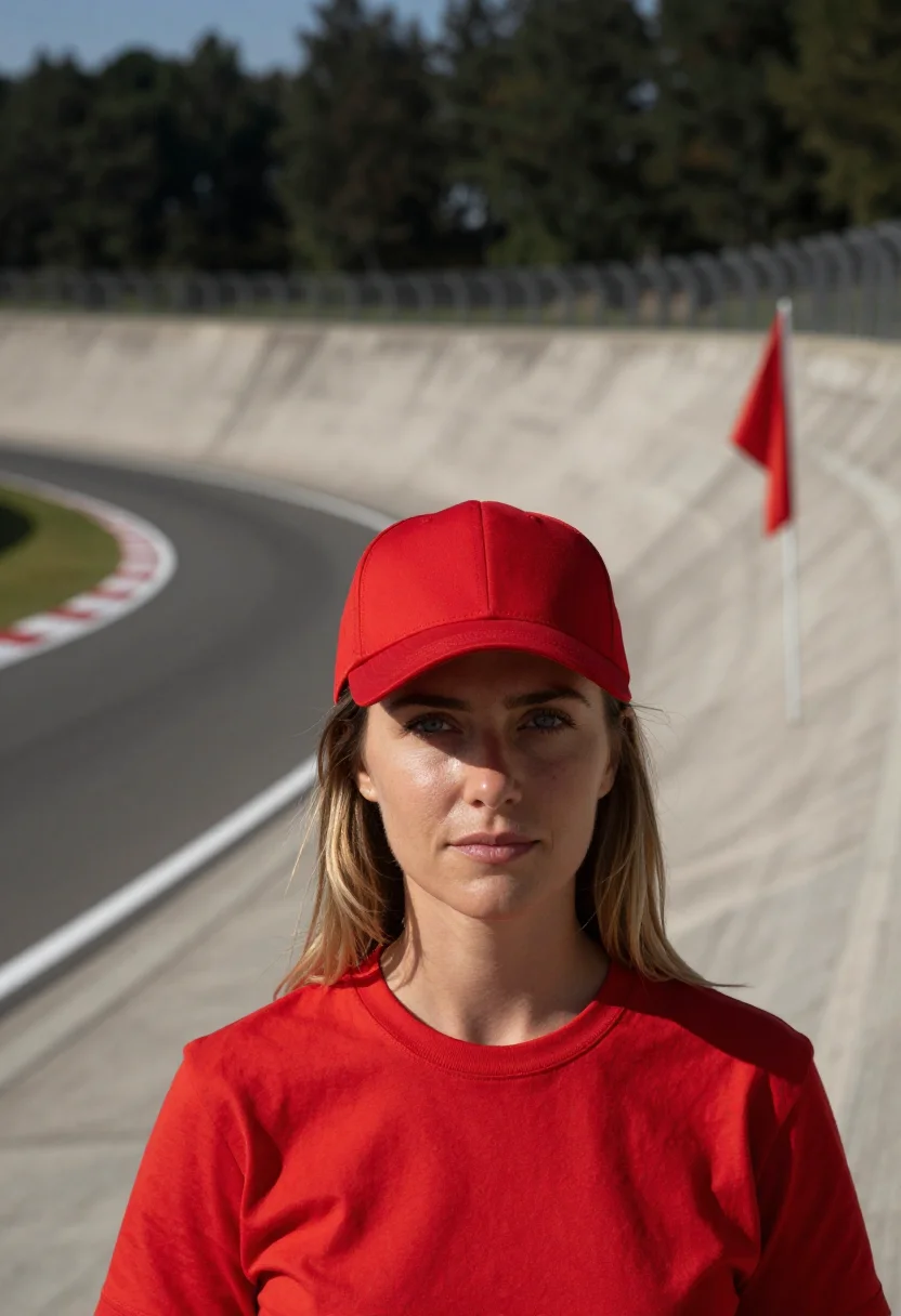 AI monza autodromo tifosi rosso corsa sample — portrait of a woman, a racing fan in her thirties with fair