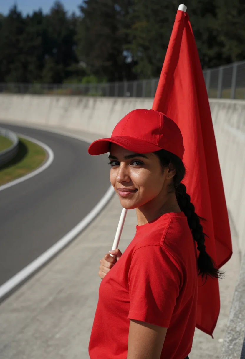 AI monza autodromo tifosi rosso corsa sample — portrait of a woman, a racing fan in her early twenties with