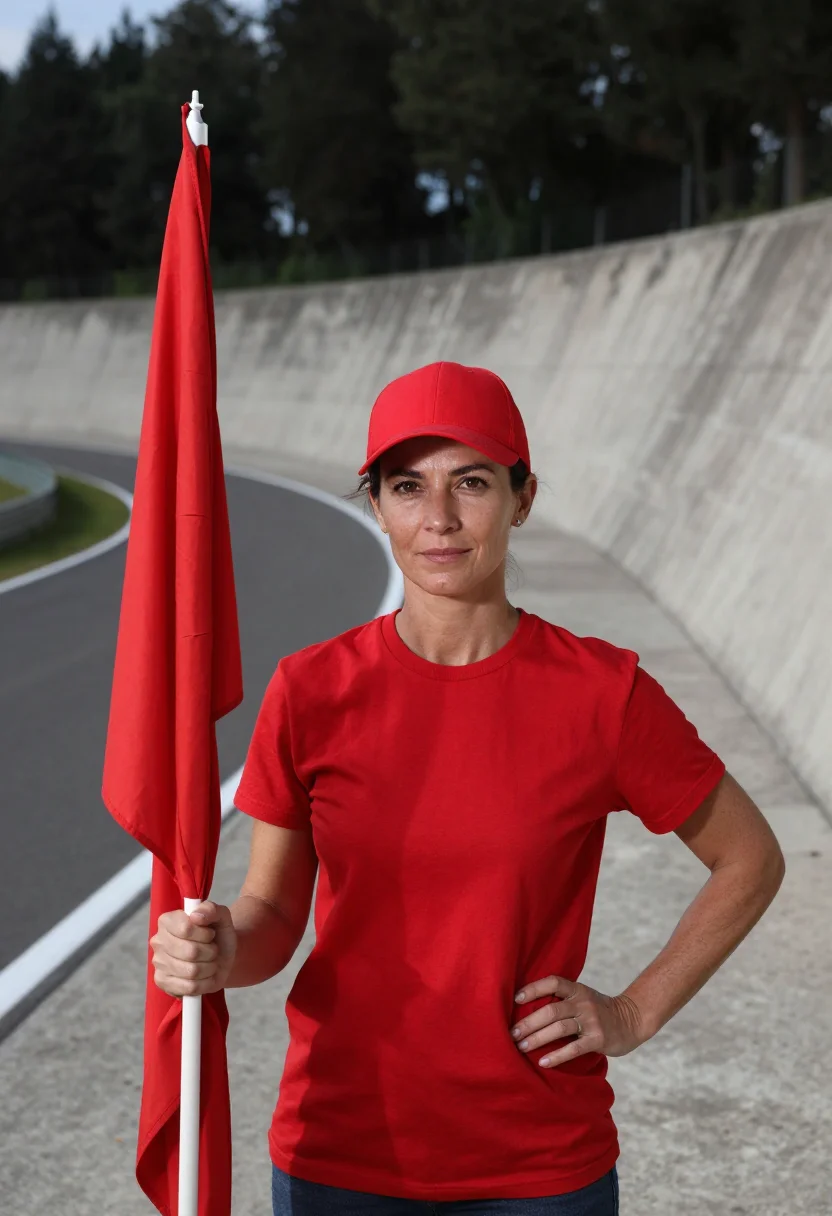 AI monza autodromo tifosi rosso corsa sample — portrait of a woman, a racing fan in her forties with fair s