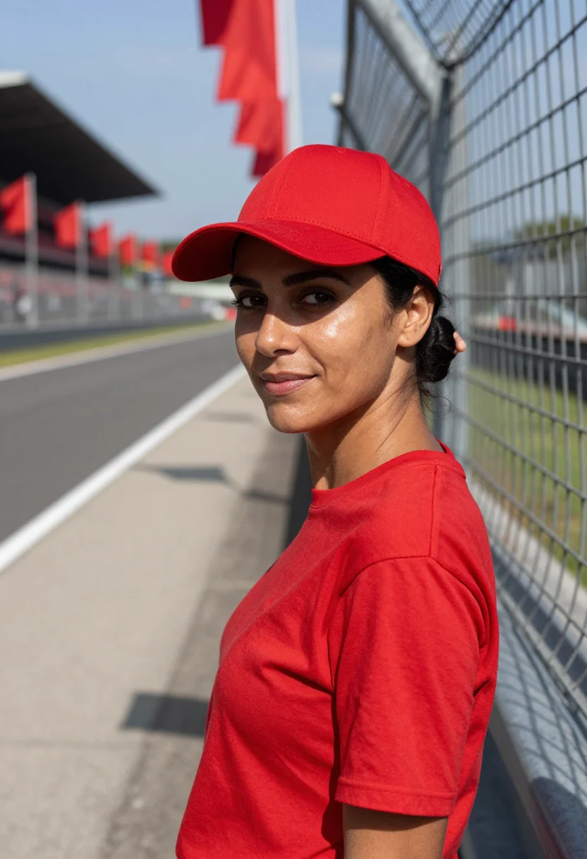 AI monza autodromo tifosi rosso corsa sample — portrait of a woman, a racing fan in her mid-thirties with w