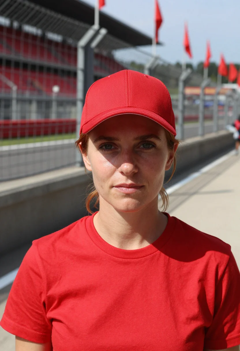 AI monza autodromo tifosi rosso corsa sample — portrait of a woman, a racing fan in her forties with fair s