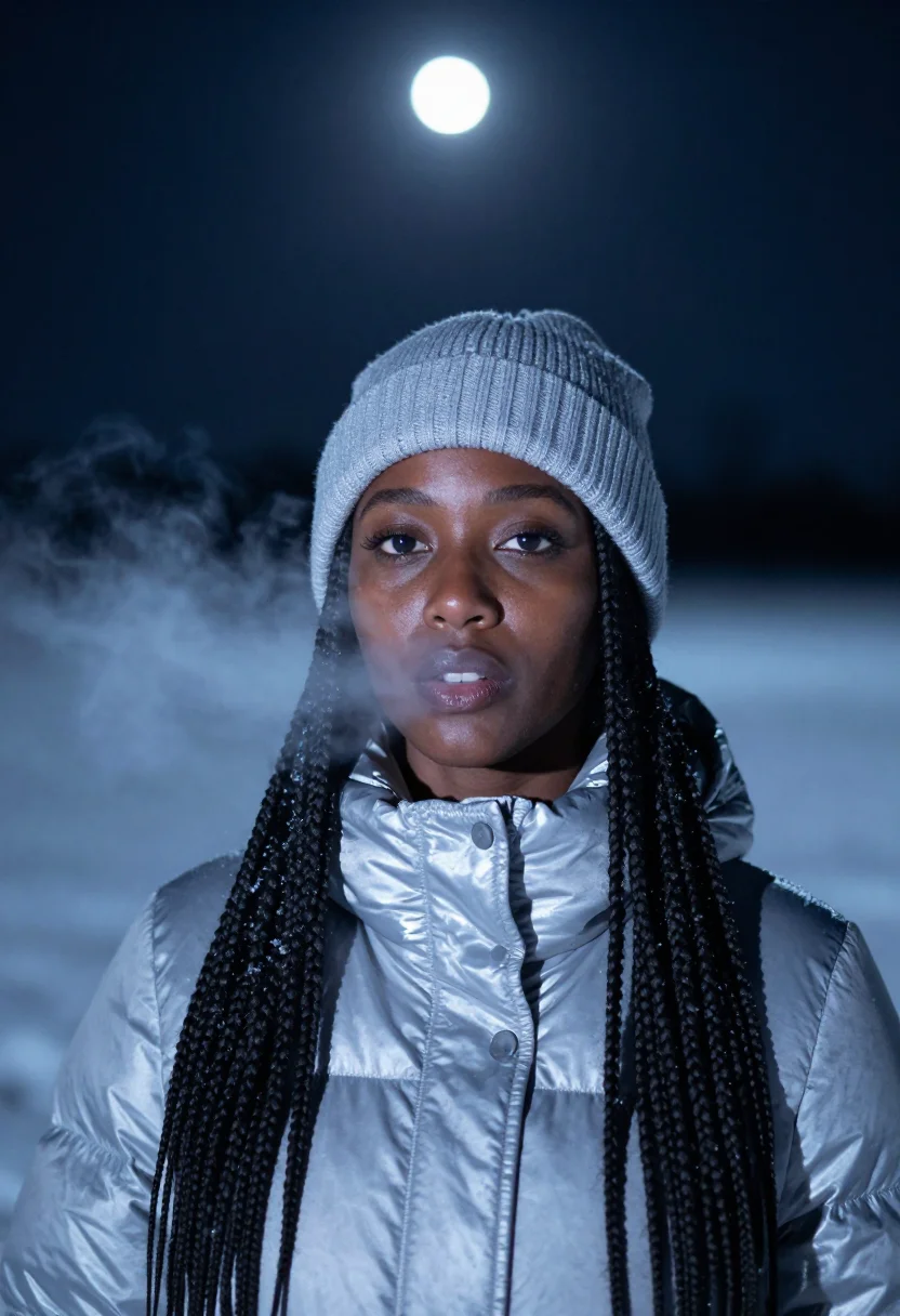 AI moonlit snowfield silver sample — portrait of a woman, framed head and shoulders, tighter, the