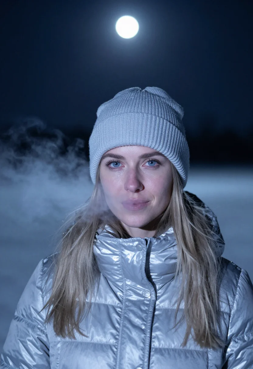 AI moonlit snowfield silver sample — portrait of a woman, framed as a tight headshot from the cro
