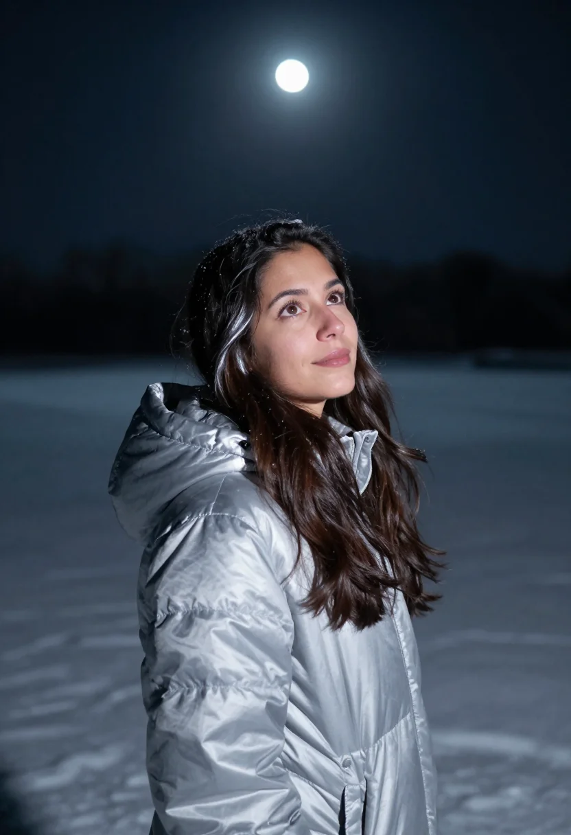 AI moonlit snowfield silver sample — portrait of a woman, framed chest-up from the ribs with the