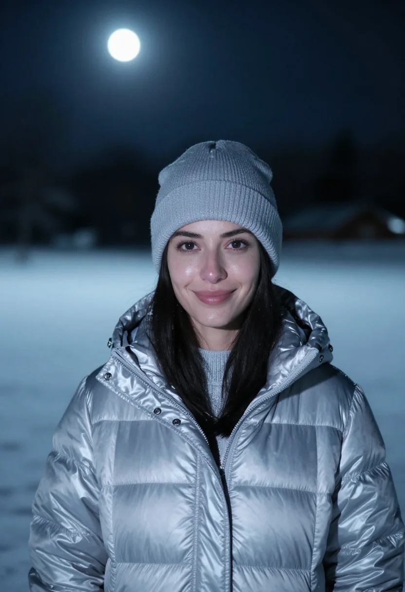 AI moonlit snowfield silver sample — portrait of a woman, framed as a tight headshot from the cro