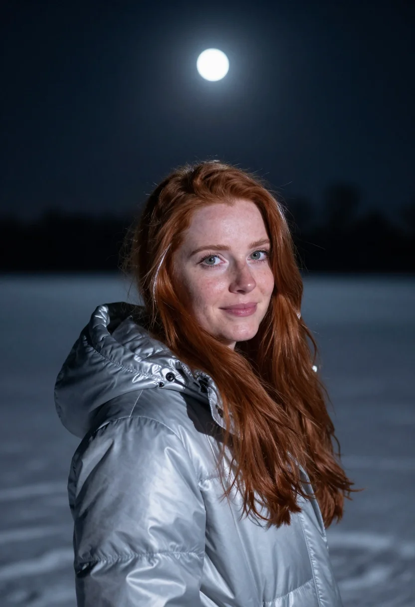 AI moonlit snowfield silver sample — portrait of a woman, framed head and shoulders, tighter, the