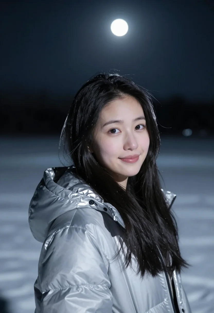 AI moonlit snowfield silver sample — portrait of a woman, framed as a tight headshot from the cro