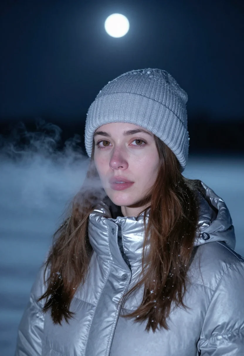 AI moonlit snowfield silver sample — portrait of a woman, framed as a tight headshot from the cro