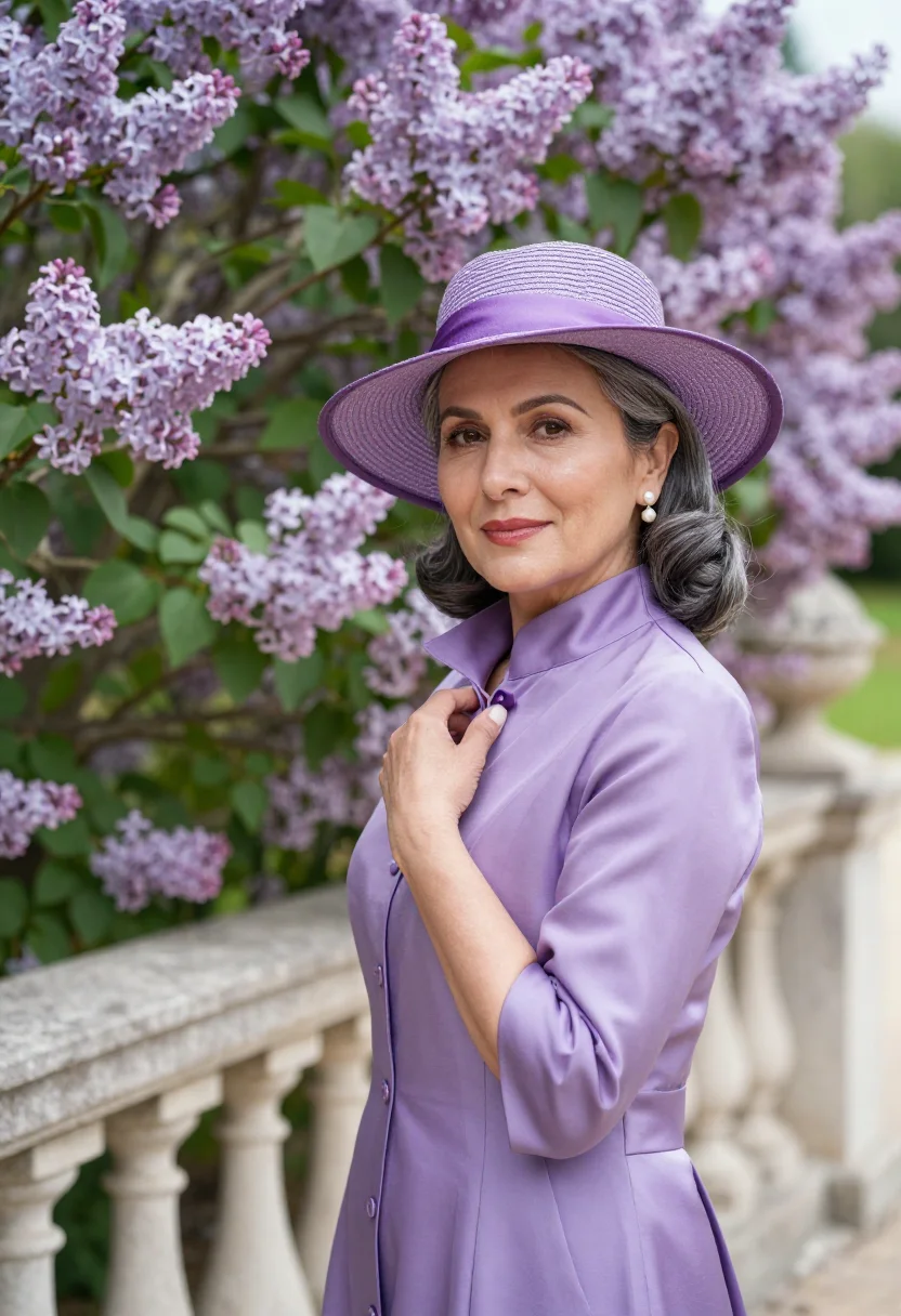 AI mother of the bride may lilac sample — portrait of a woman, framed chest-up, cropped at the ribs, t