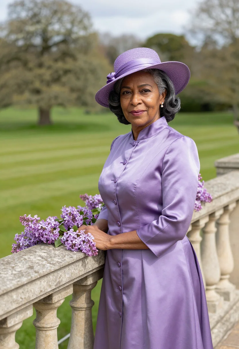 AI mother of the bride may lilac sample — portrait of a woman, framed chest-up, cropped at the ribs, t