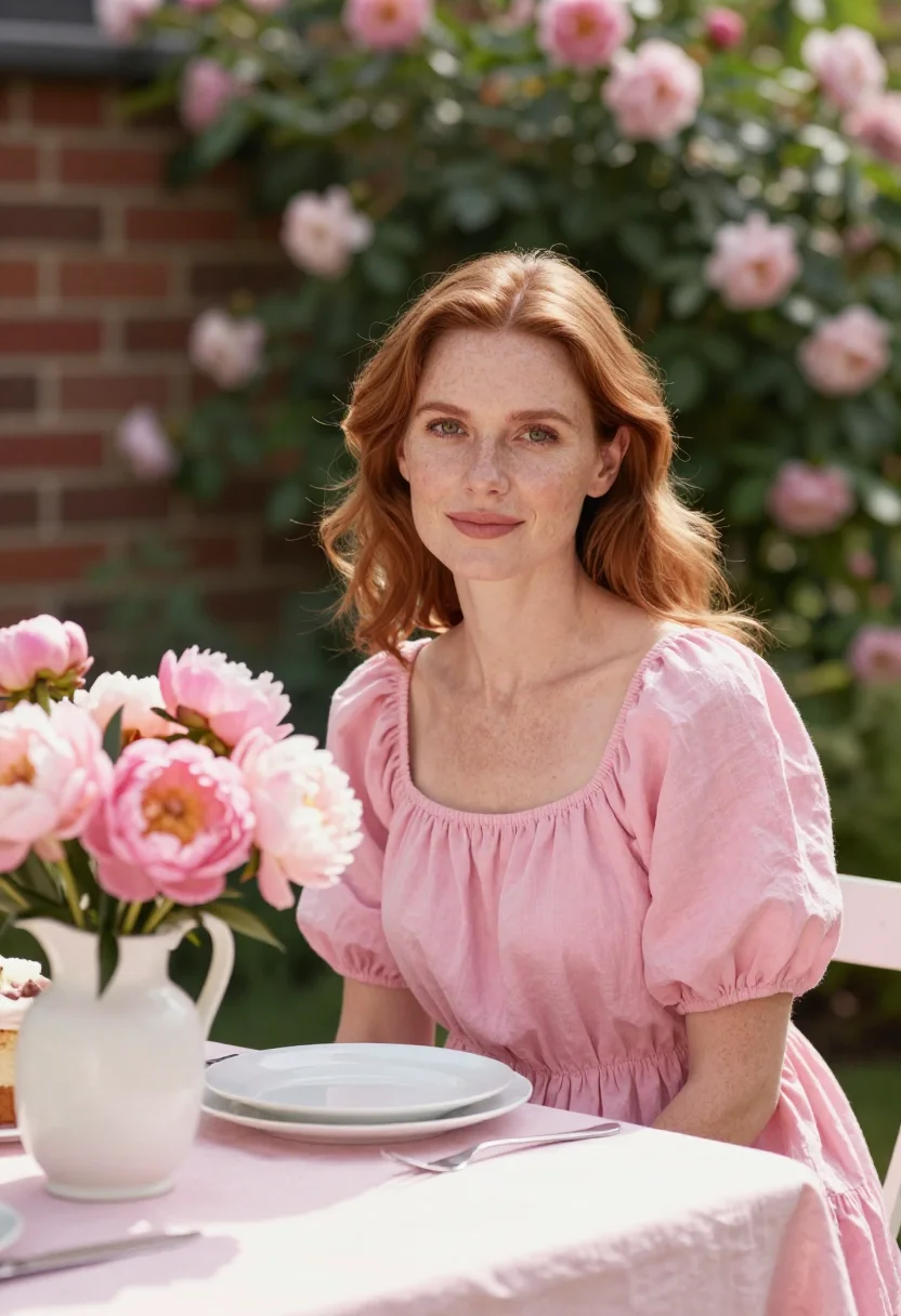 AI mothers day brunch garden pink sample — portrait of a woman, a mother in her early forties with pale