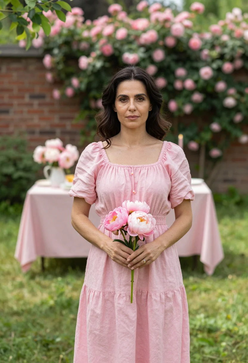 AI mothers day brunch garden pink sample — portrait of a woman, a mother in her early forties with oliv