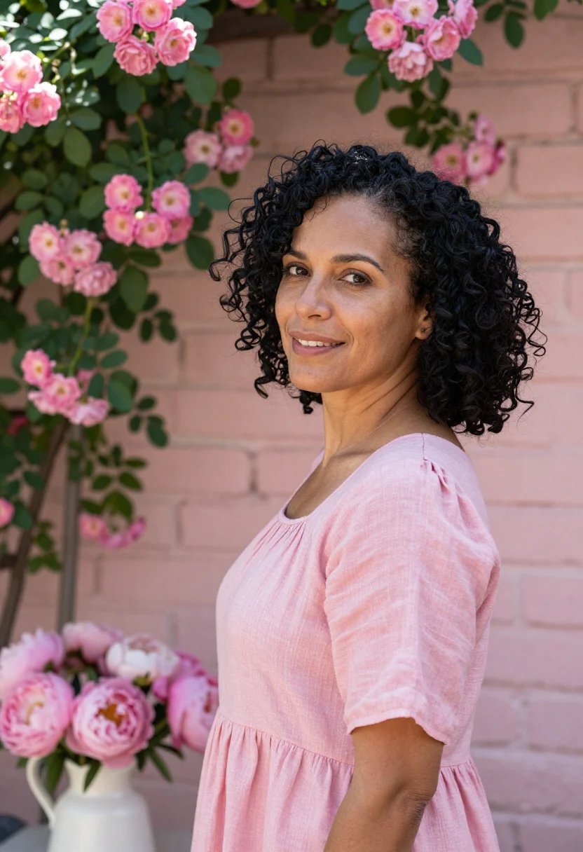 AI mothers day brunch garden pink sample — portrait of a woman, a mother in her late thirties with warm