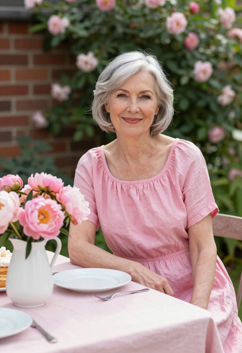 AI mothers day brunch garden pink sample — portrait of a woman, a mother in her sixties with fair skin,
