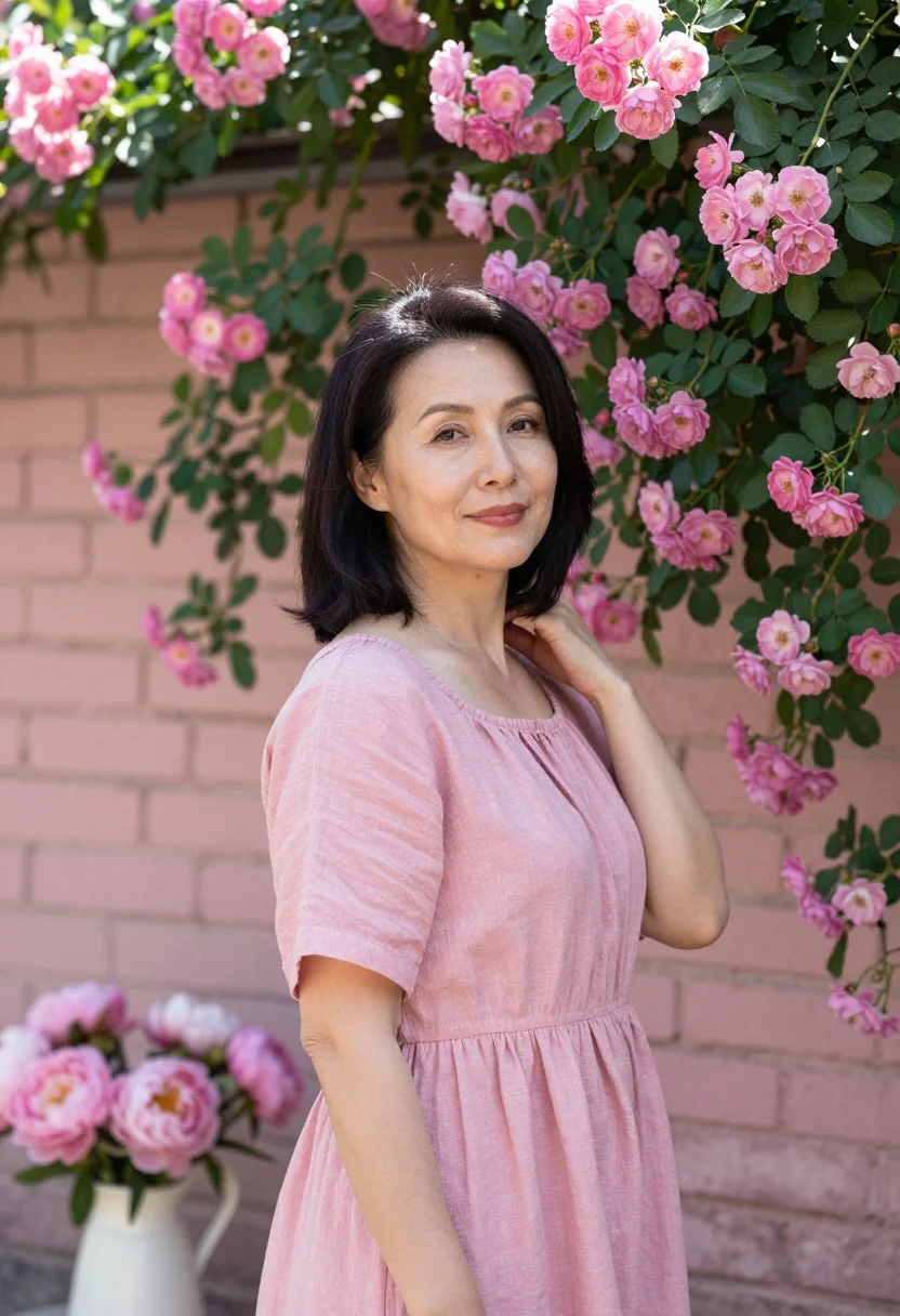AI mothers day brunch garden pink sample — portrait of a woman, a mother in her fifties with olive skin