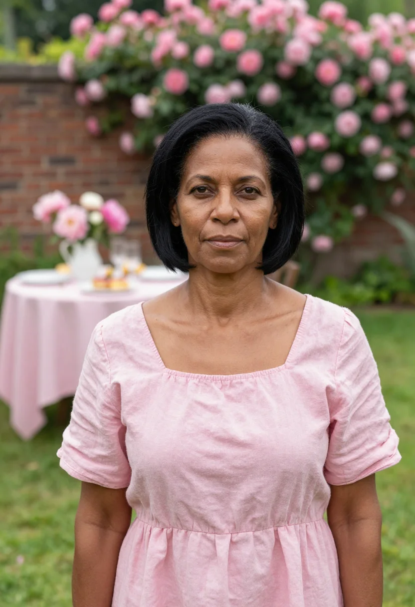 AI mothers day brunch garden pink sample — portrait of a woman, a mother in her late forties with deep