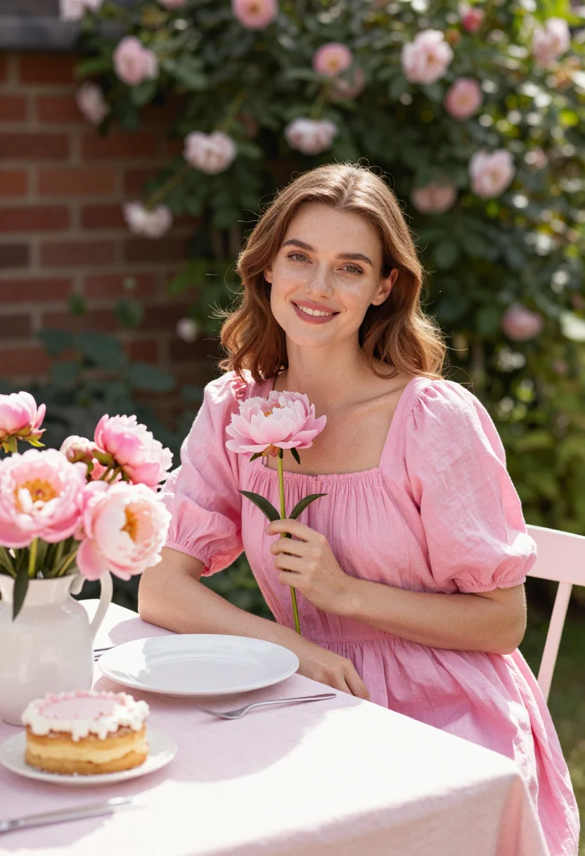AI mothers day brunch garden pink sample — portrait of a woman, a mother in her mid-thirties with golde