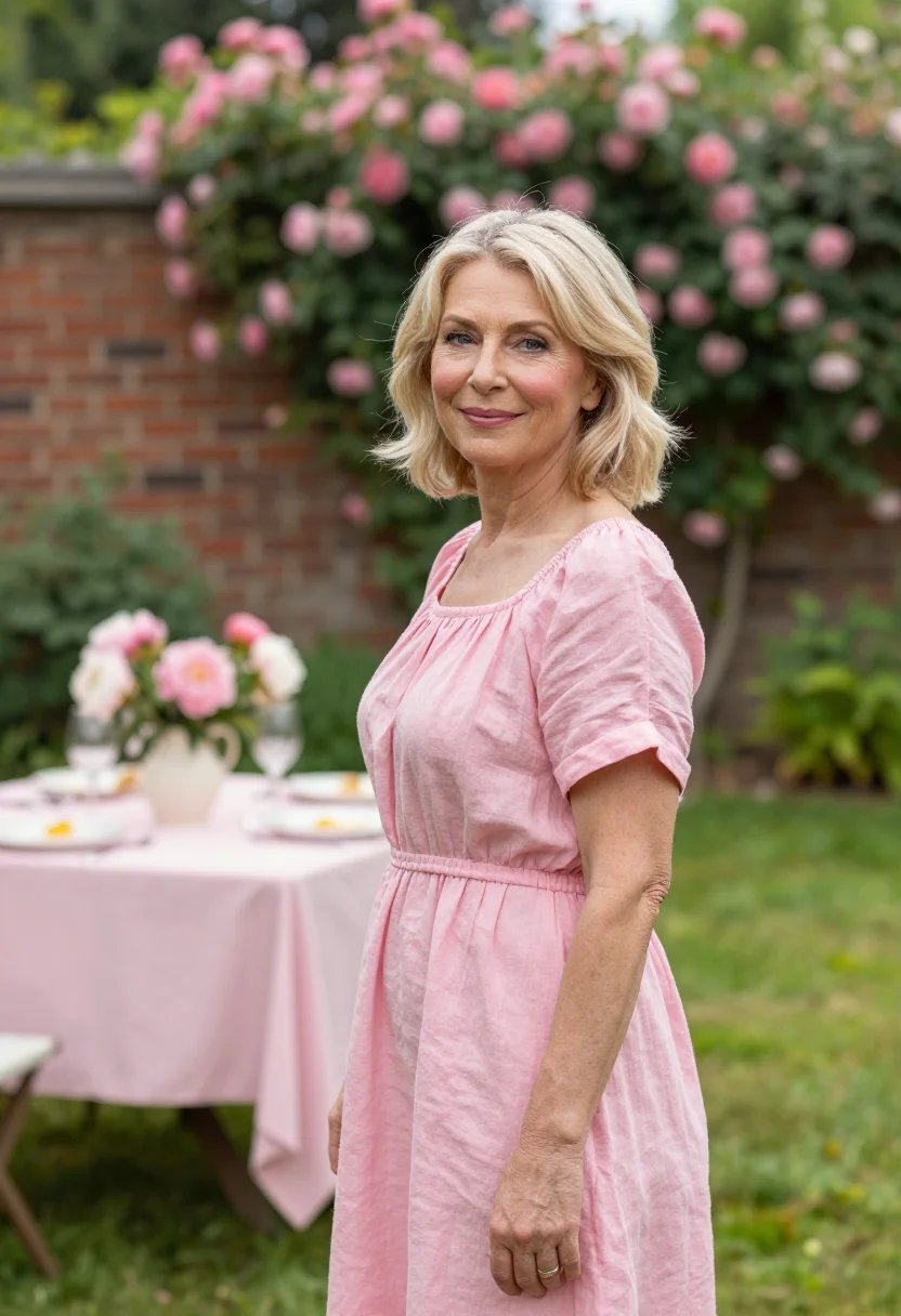 AI mothers day brunch garden pink sample — portrait of a woman, a mother in her fifties with rosy fair