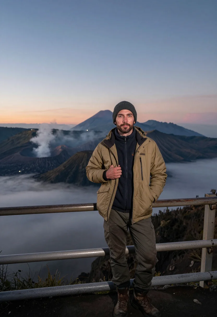 AI mount bromo sample — portrait of a traveller, full-length portrait of a Western-E