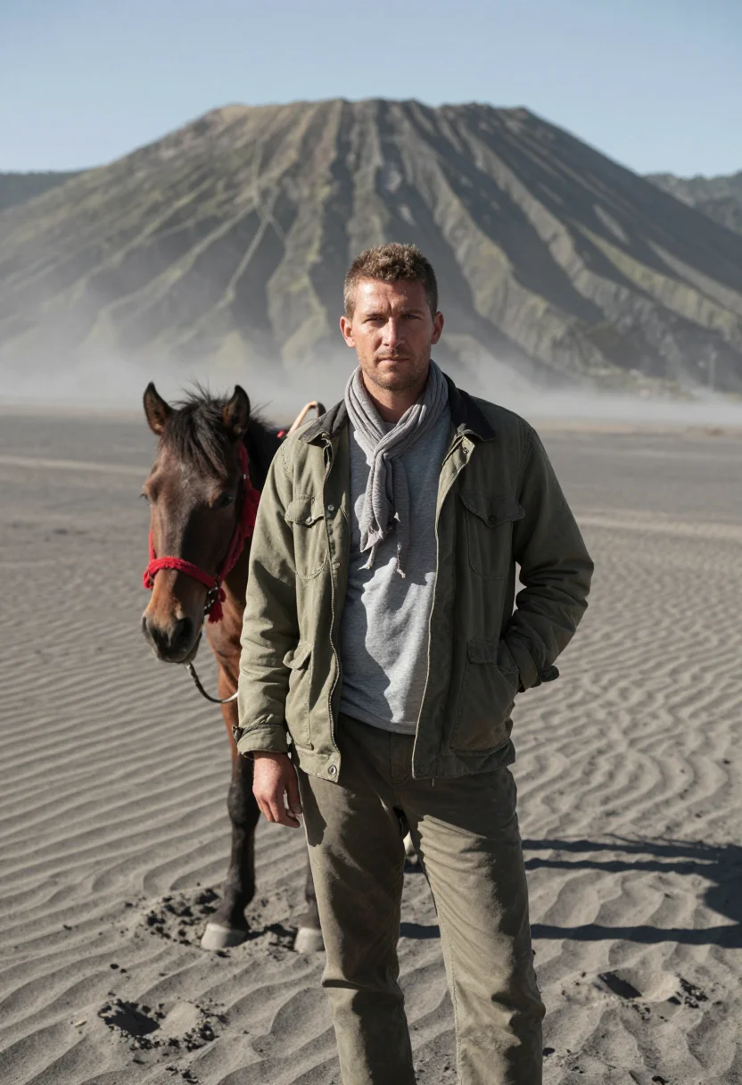 AI mount bromo sample — portrait of a traveller, three-quarter-length portrait of a