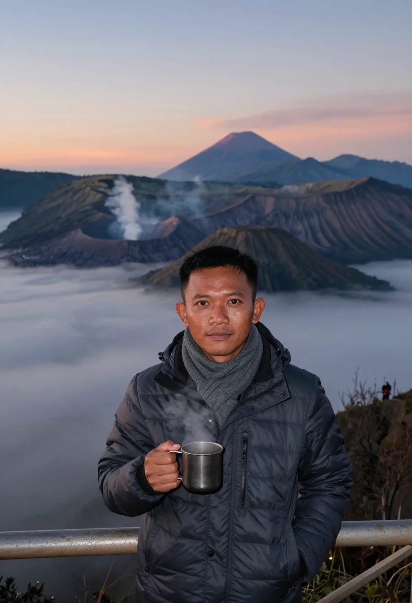 AI mount bromo sample — portrait of a traveller, half-length portrait of an Indonesi
