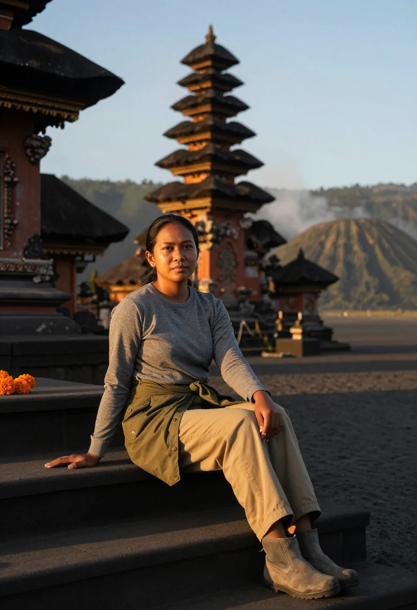 AI mount bromo sample — portrait of a traveller, three-quarter-length portrait of an