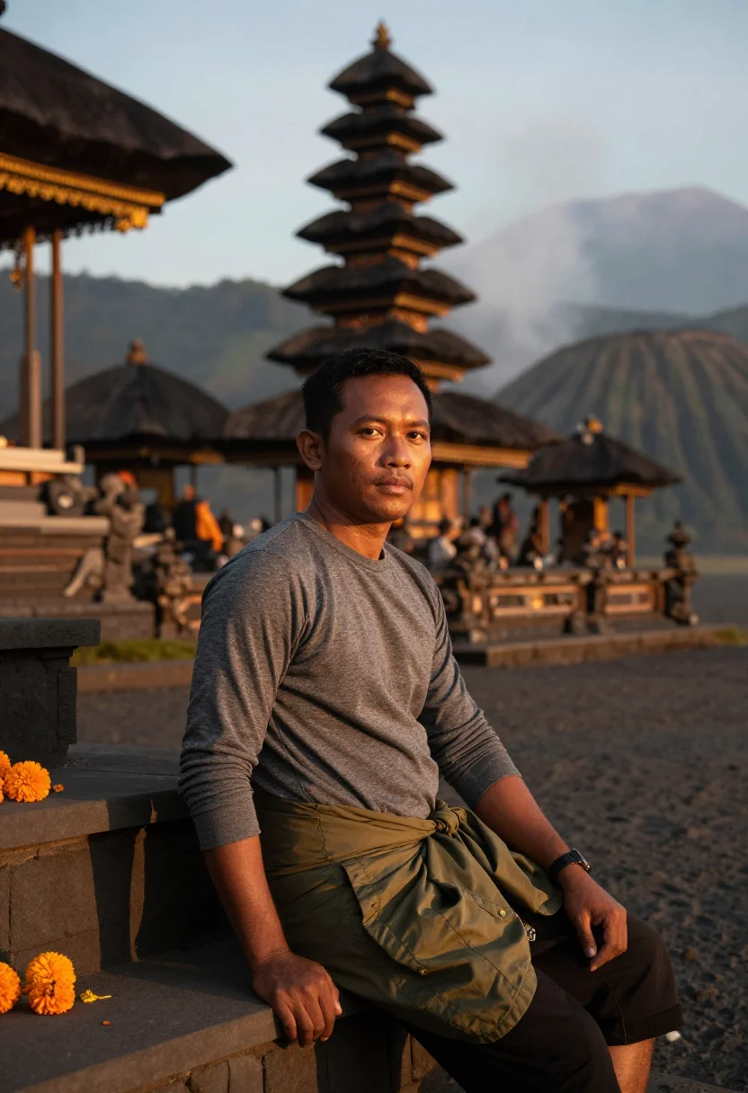 AI mount bromo sample — portrait of a traveller, half-length portrait of an Indonesi