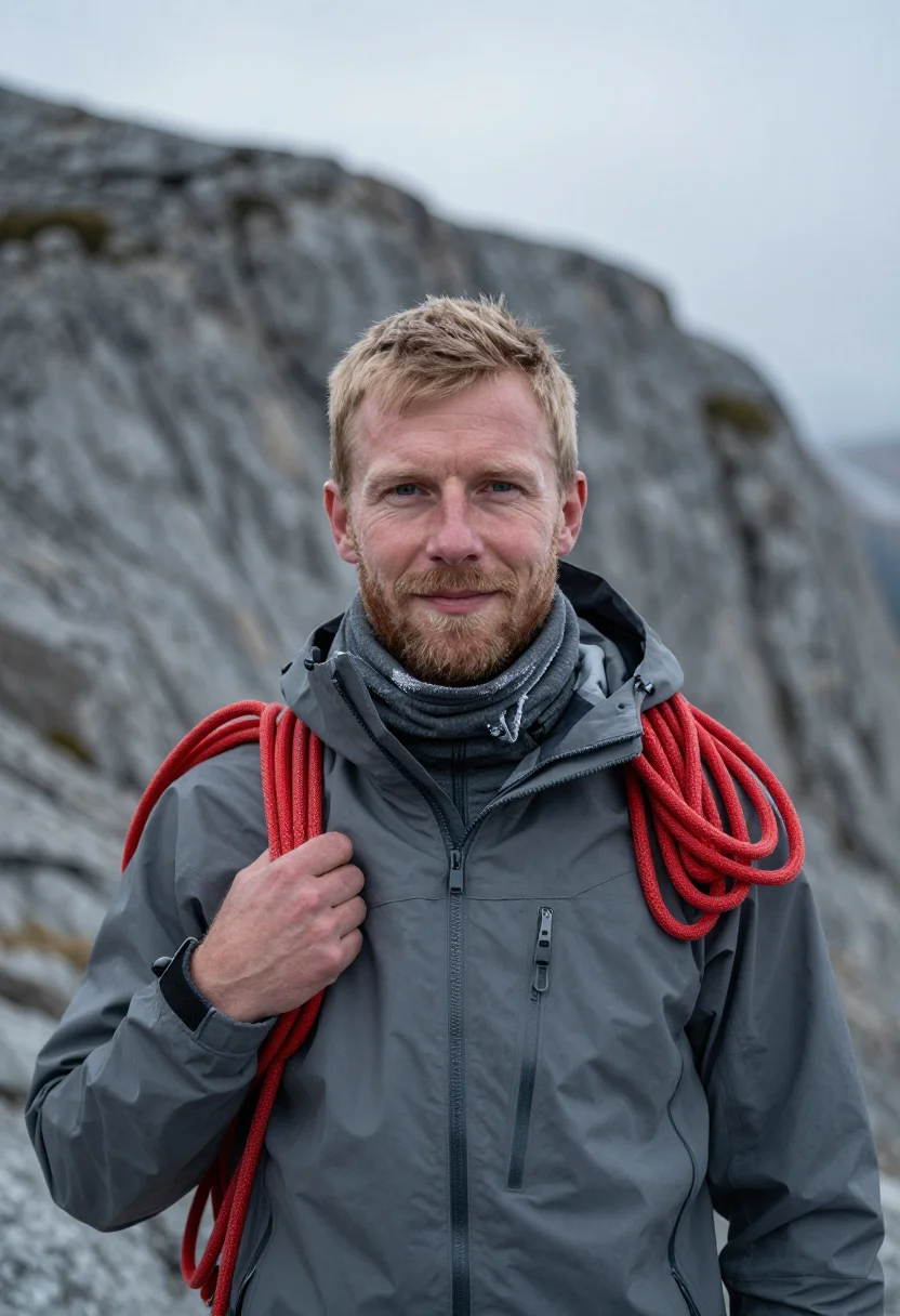 AI mountain guide red rope sample — portrait of a man, framed chest-up, the camera at eye level