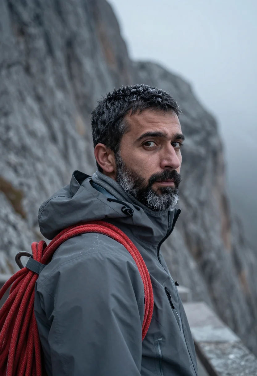 AI mountain guide red rope sample — portrait of a man, framed tight, head and shoulders in a thr