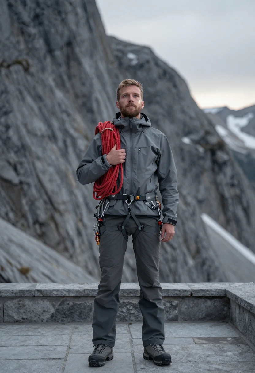AI mountain guide red rope sample — portrait of a man, framed chest-up, the camera at eye level