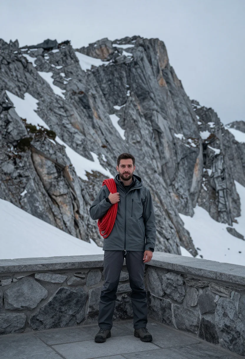 AI mountain guide red rope sample — portrait of a man, framed wide from below the terrace, the r