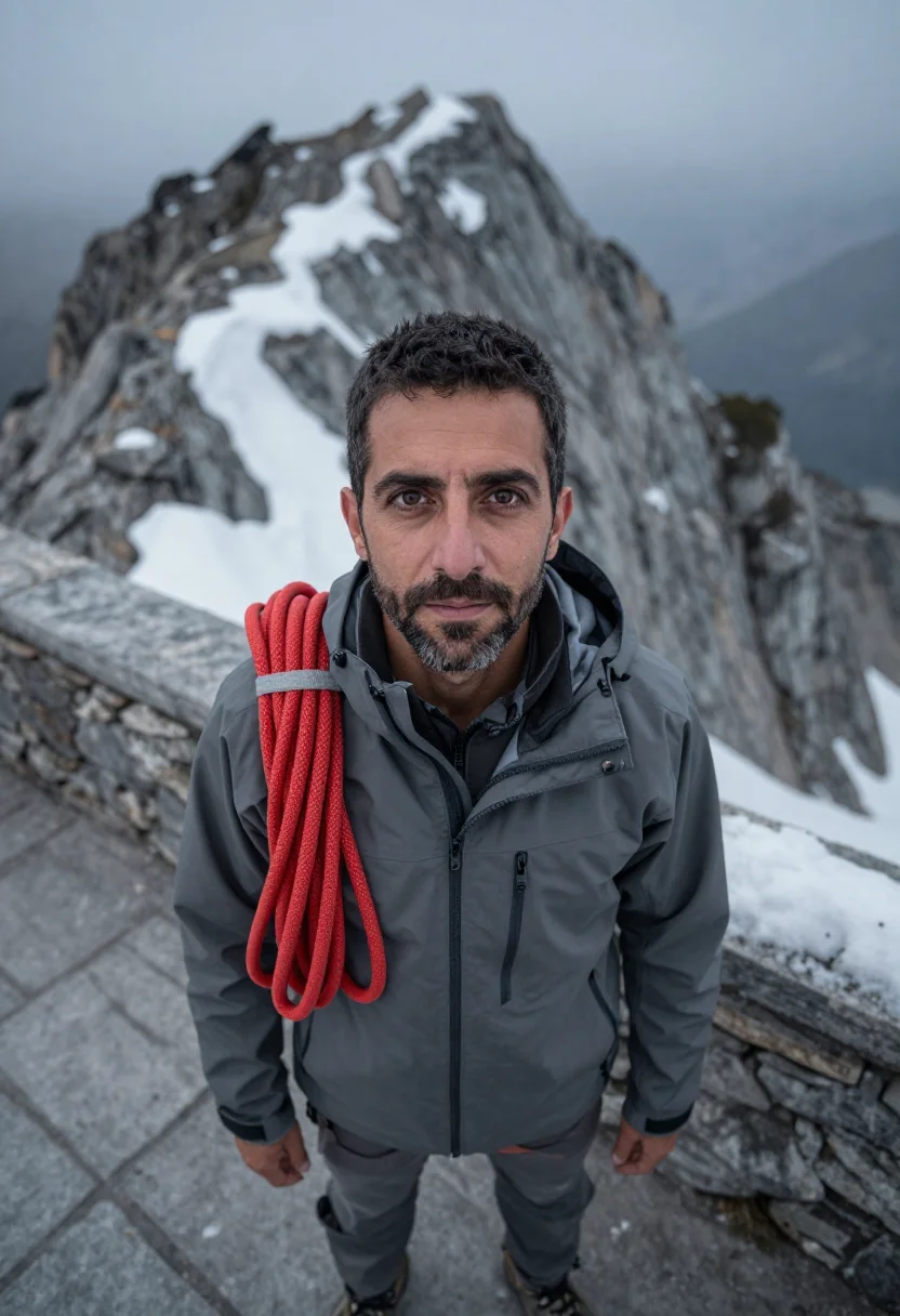 AI mountain guide red rope sample — portrait of a man, framed tight, head and shoulders, the bod