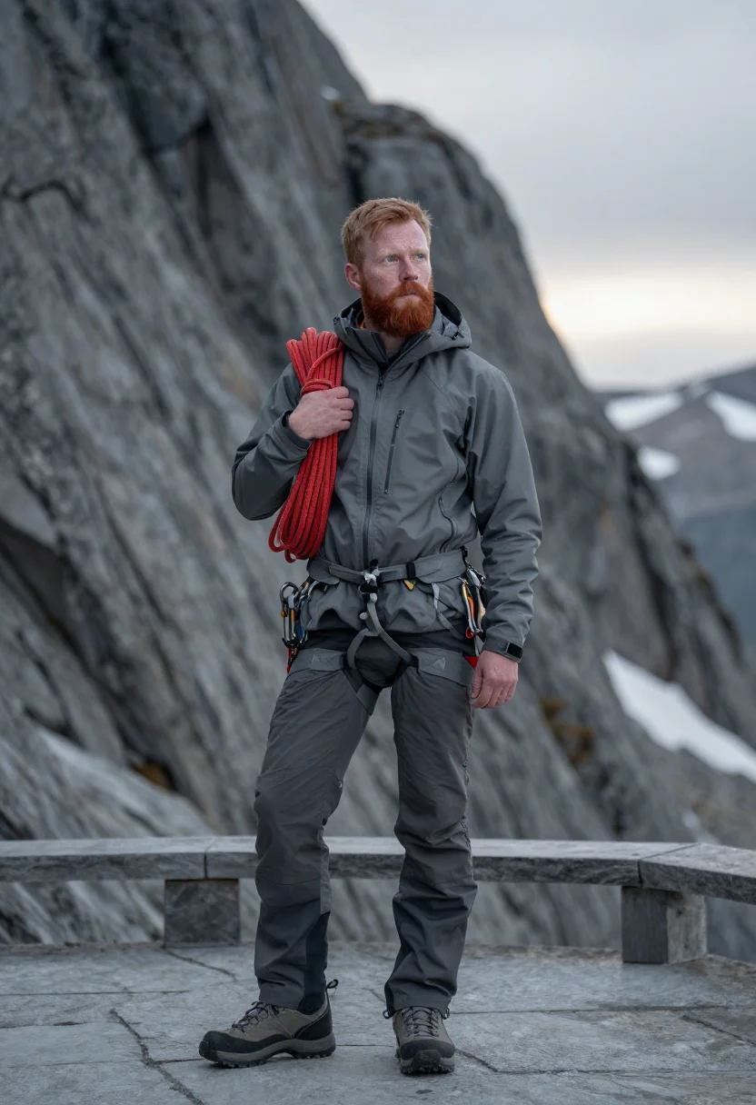AI mountain guide red rope sample — portrait of a man, framed three-quarter length from the head