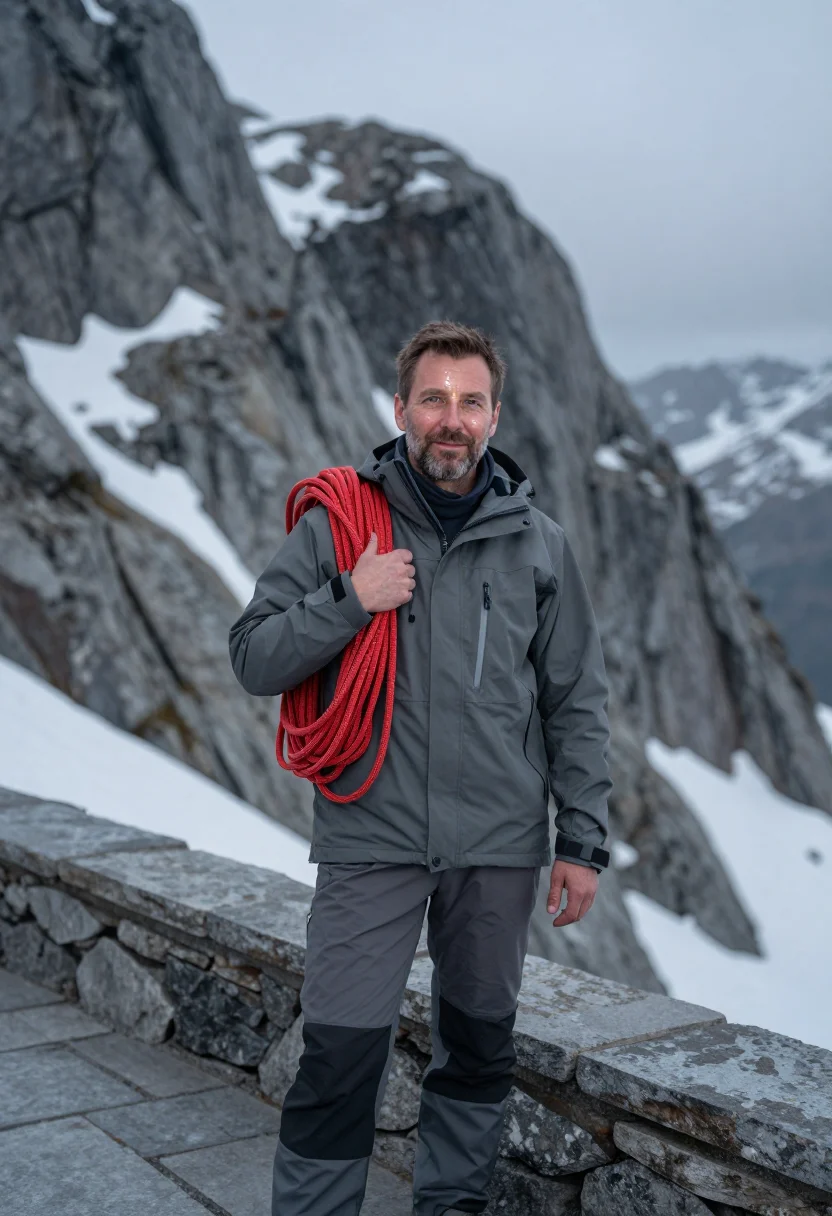 AI mountain guide red rope sample — portrait of a man, framed chest-up, the camera at eye level