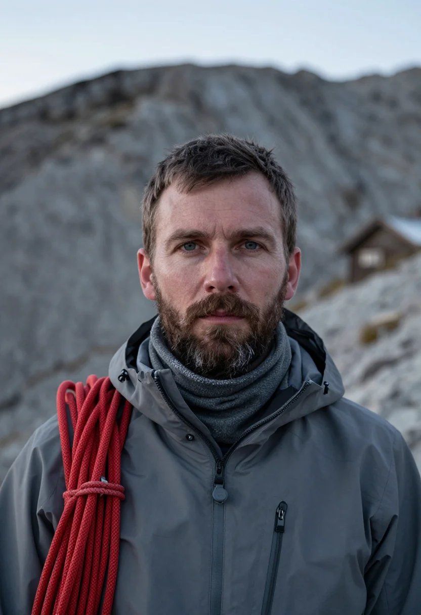 AI mountain guide red rope sample — portrait of a man, framed tight, head and shoulders, the bod