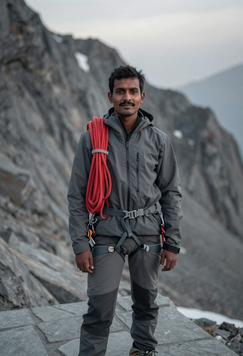 AI mountain guide red rope sample — portrait of a man, framed tight, head and shoulders, the bod