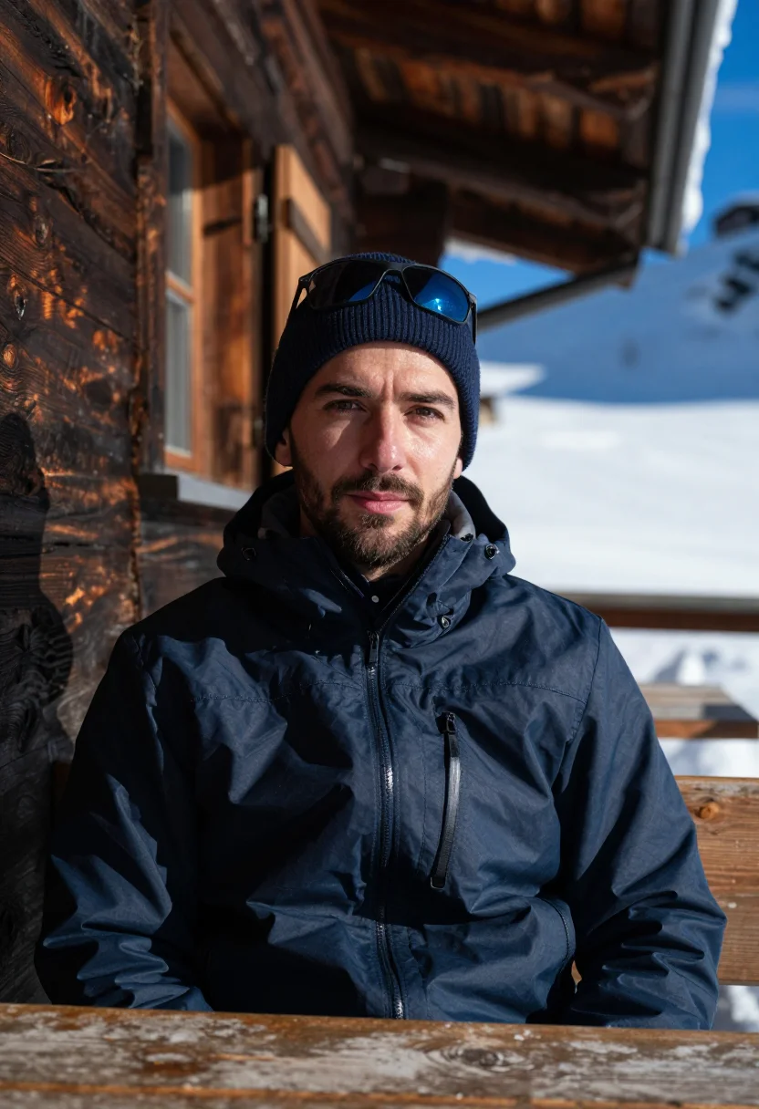 AI mountain hut terrace navy sample — portrait of a man, framed tight, head and shoulders, the bod