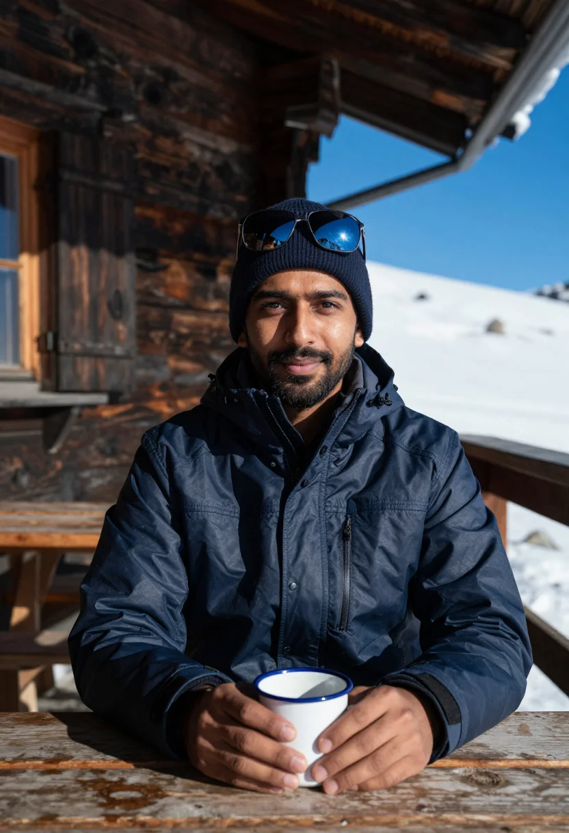 AI mountain hut terrace navy sample — portrait of a man, framed half-length from the head to the h