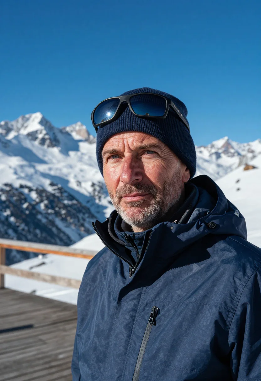 AI mountain hut terrace navy sample — portrait of a man, framed tight, head and shoulders, the bod