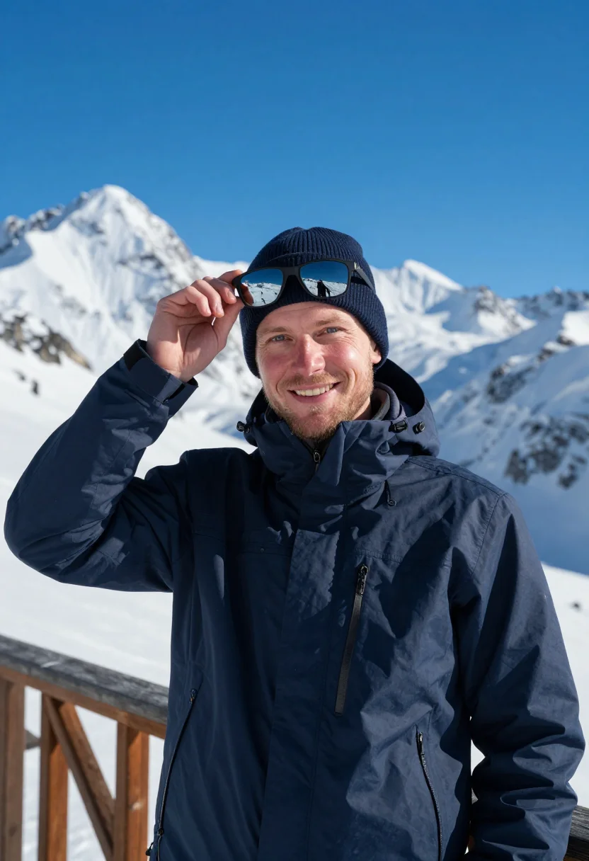 AI mountain hut terrace navy sample — portrait of a man, framed chest-up, cropped at the ribs, the