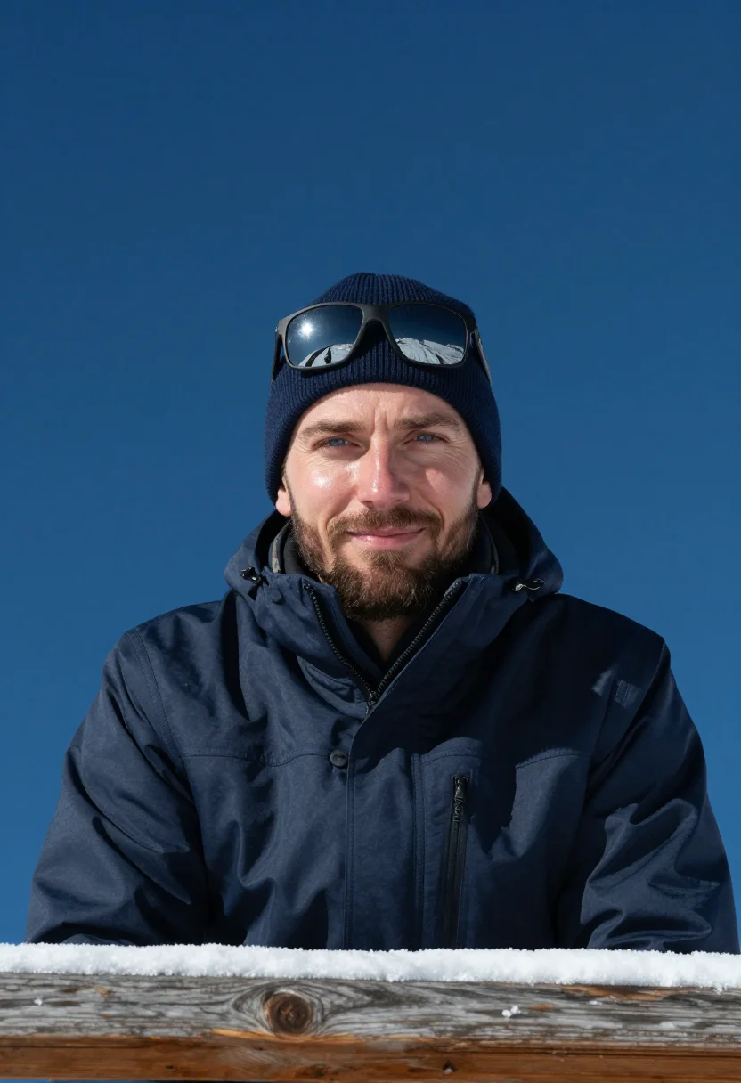 AI mountain hut terrace navy sample — portrait of a man, framed tight, head and shoulders, the bod