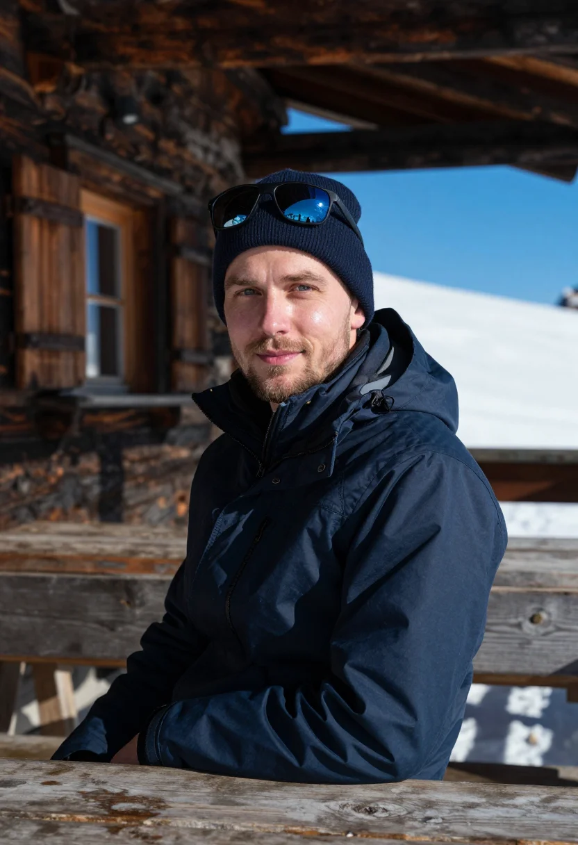 AI mountain hut terrace navy sample — portrait of a man, framed chest-up, cropped at the ribs, the