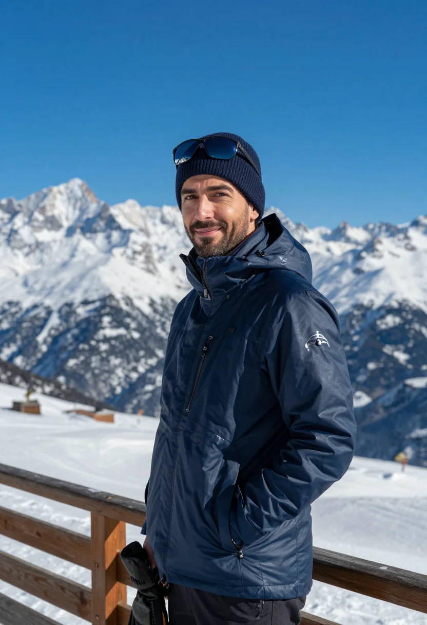 AI mountain hut terrace navy sample — portrait of a man, framed half-length from the head to the h