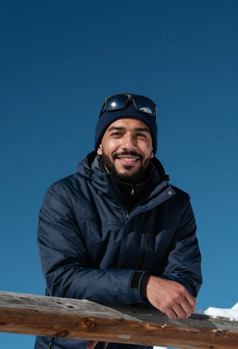 AI mountain hut terrace navy sample — portrait of a man, framed half-length from the head to the h
